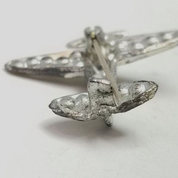 Vintage Rhinestone Airplane Brooch, Silver Tone C Clasp Pin, Estate - Picture 4 of 6